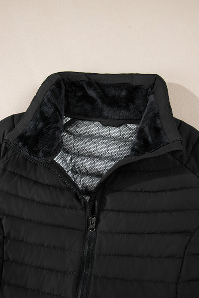 Black Solid Color Quilted Zip-up Puffer Jacket