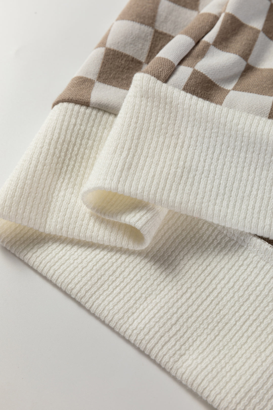 Khaki Checkered Print Quarter Zip Ribbed Patchwork Loose Sweatshirt