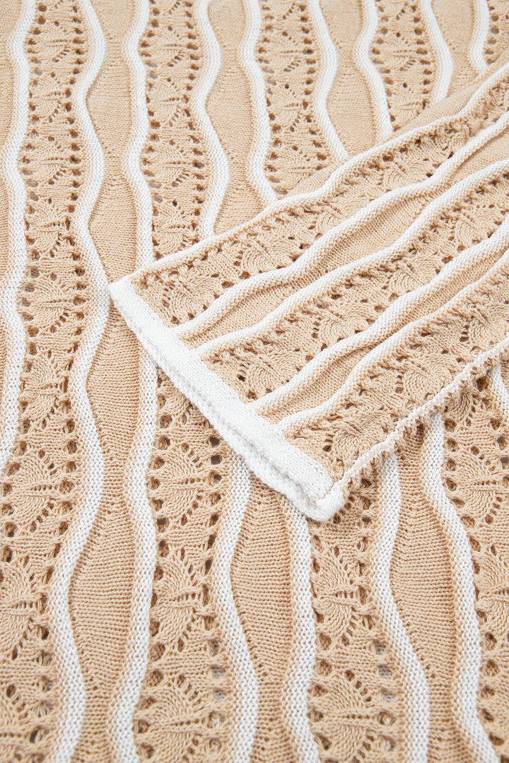 Khaki Wavy Detail Hollow Out Knit Long Sleeve Cotton Pullover Sweater