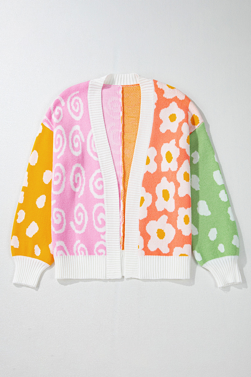 Orange Flower & Dotted Mixed Print Colorblock Open Front Cardigan