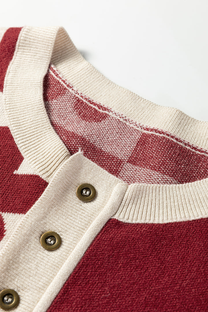 Red Dahlia Flower Plaid Henley Baggy Sweater