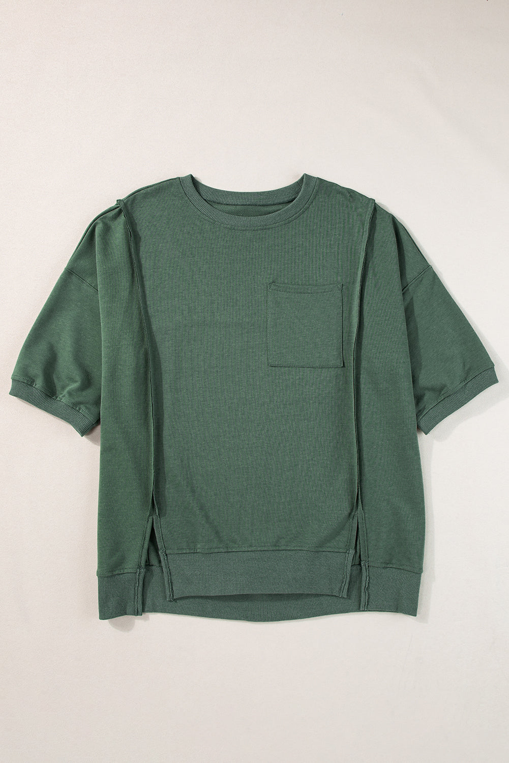 Laurel Green Exposed Seam Chest Pocket Split Loose T Shirt