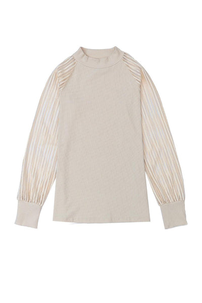 Apricot Striped Mesh Long Sleeve Crewneck Ribbed Top