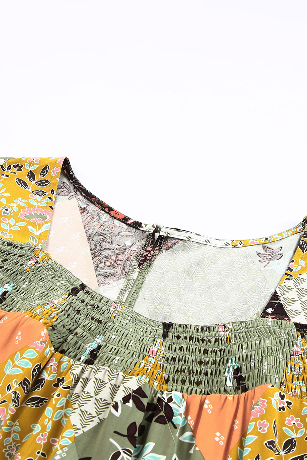 Green Square Neck Mixed Print Blouse