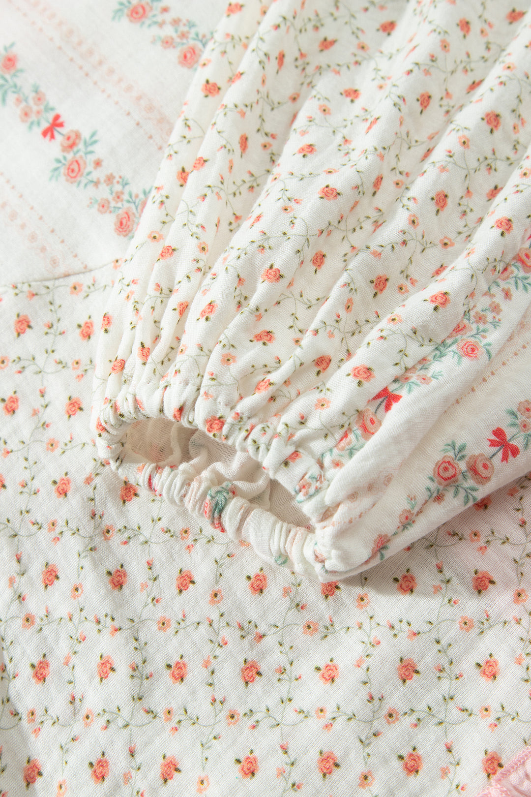 Beige Floral Print Color Block Trim Lace-up V Neck Long Sleeve Blouse