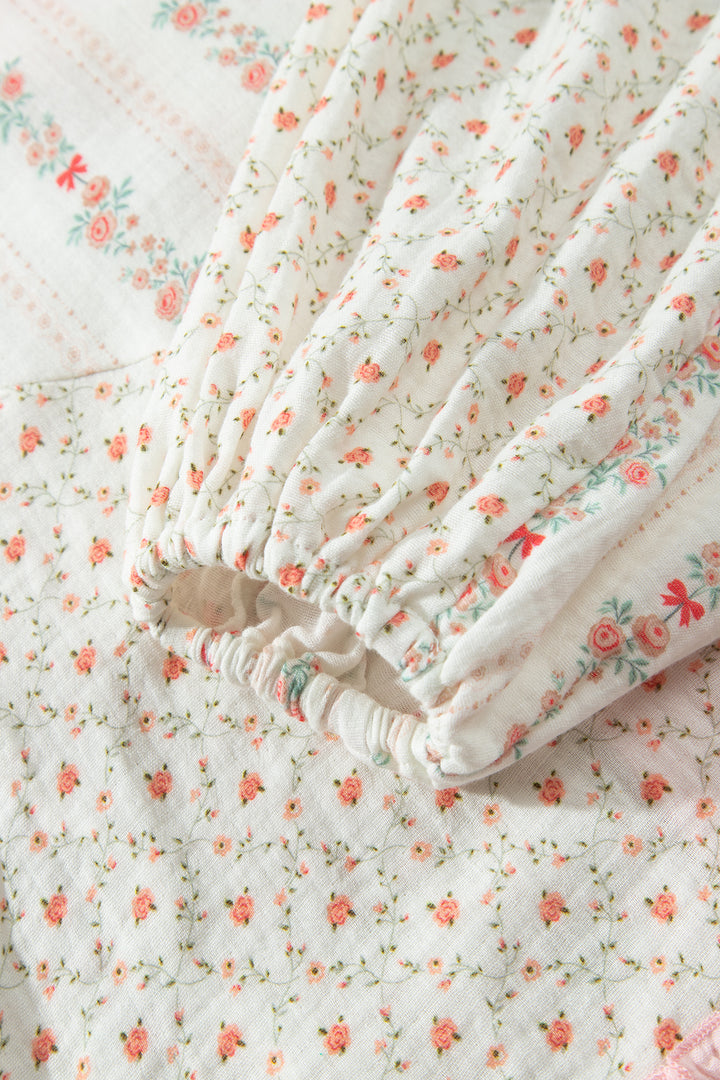 Beige Floral Print Color Block Trim Lace-up V Neck Long Sleeve Blouse