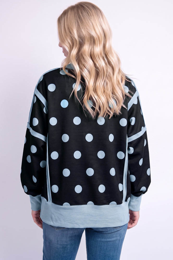 White Polka Dot Contrast Patchwork Round Neck Baggy Sweatshirt