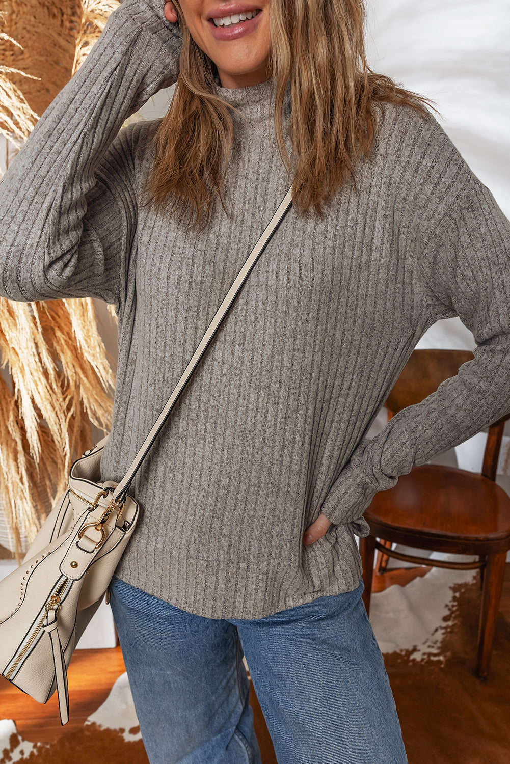 Gray Morn Ribbed High Neck Knitted Pullover Top