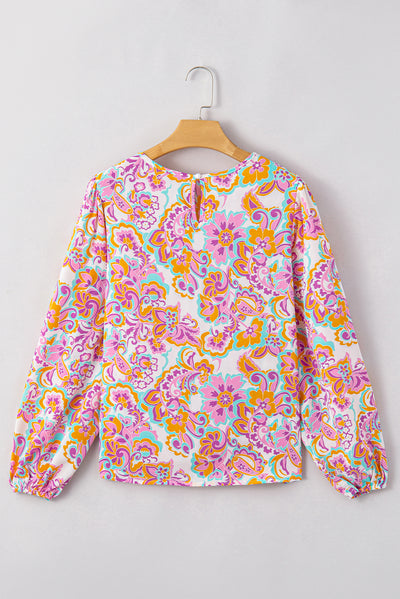 Purple Boho Paisley Printed Peasant Sleeve Blouse