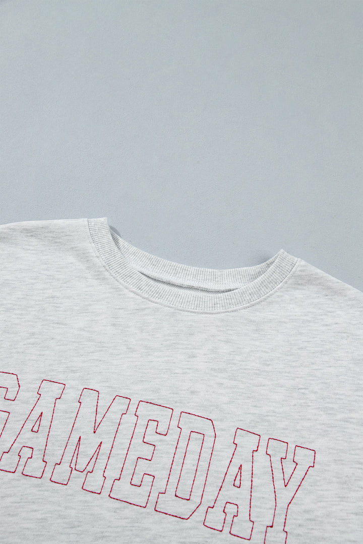 Light Grey Game Day Letter Embroidery Long Sleeve Round Neck Sweatshirt