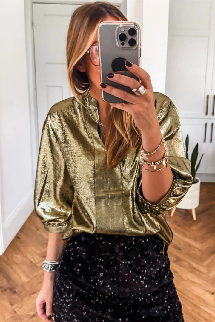 Gold Metallic Split Neck Half Sleeve Blouse