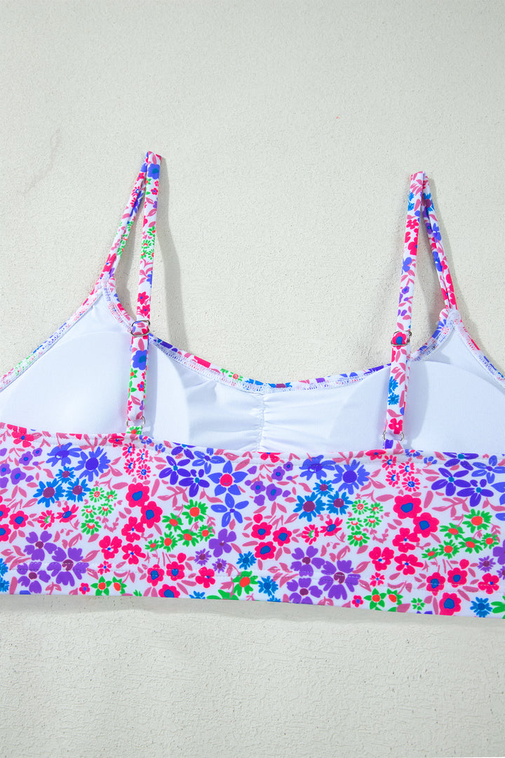 Purple Floral Print Lace Trim Spaghetti Strap Ruched Bikini High Waist Swimsuit