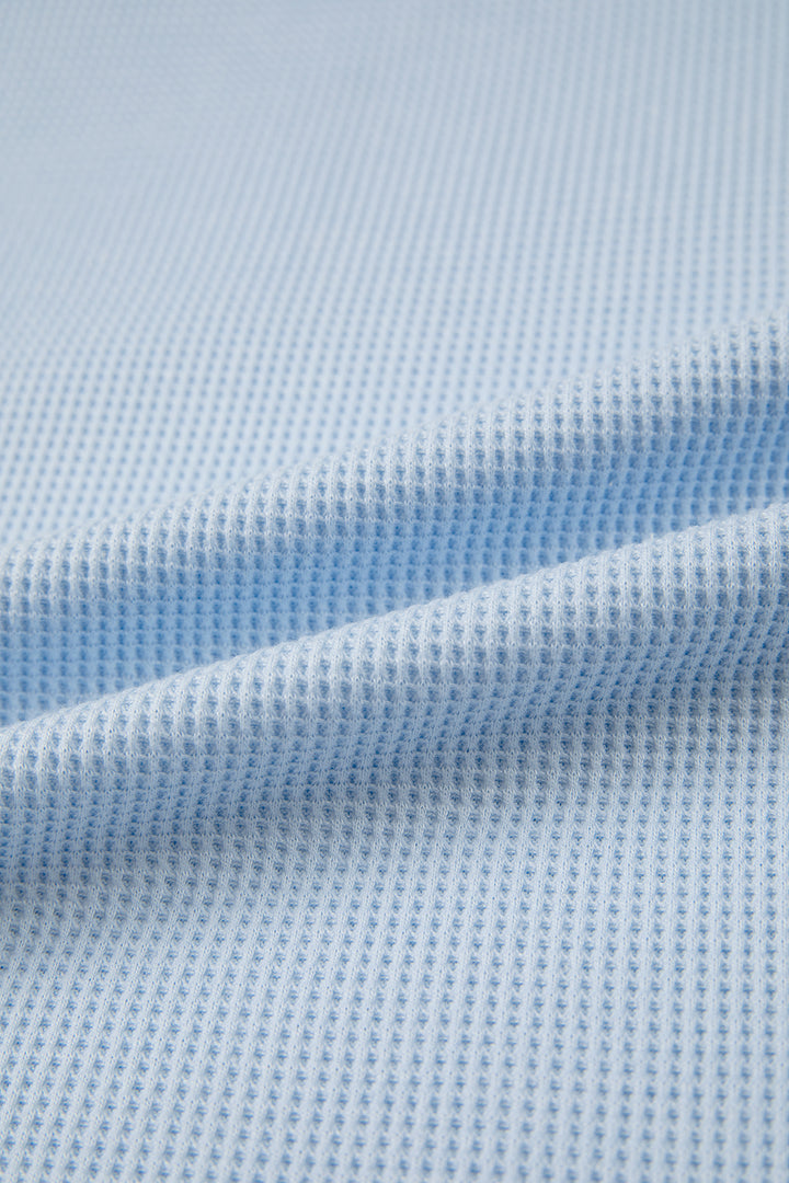 Light Blue Solid Color Raw Seam Waffled Patchwork Casual T Shirt