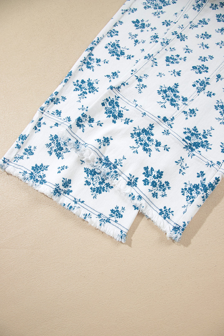 Sky Blue Floral Print Tie Waist Straight Leg Jeans