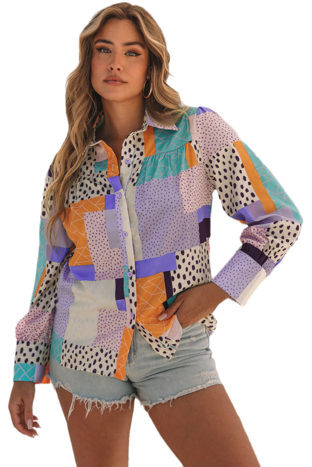 Multicolor Mixed Print Button Front Cuffed Sleeve Shirt