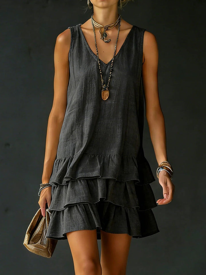 V-Neck Sleeveless Tiered Ruffle Mini Dress