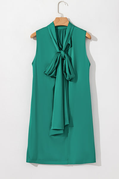 Evergreen Bow Tie Satin Shift Sleeveless Mini Dress