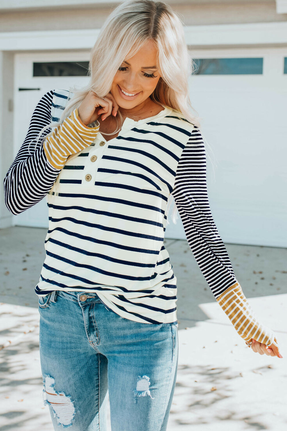 Long Sleeve Stripe Button Henley Top