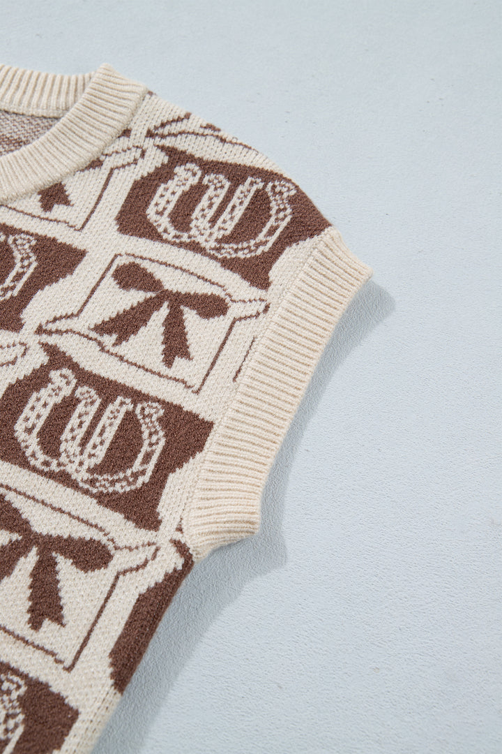 Brown Western Horseshoe Bow Pattern Button Front Sleeveless Knit Sweater