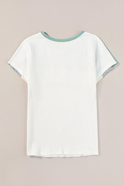 Moonlight Jade Ribbed Color Block Patchwork T-shirt