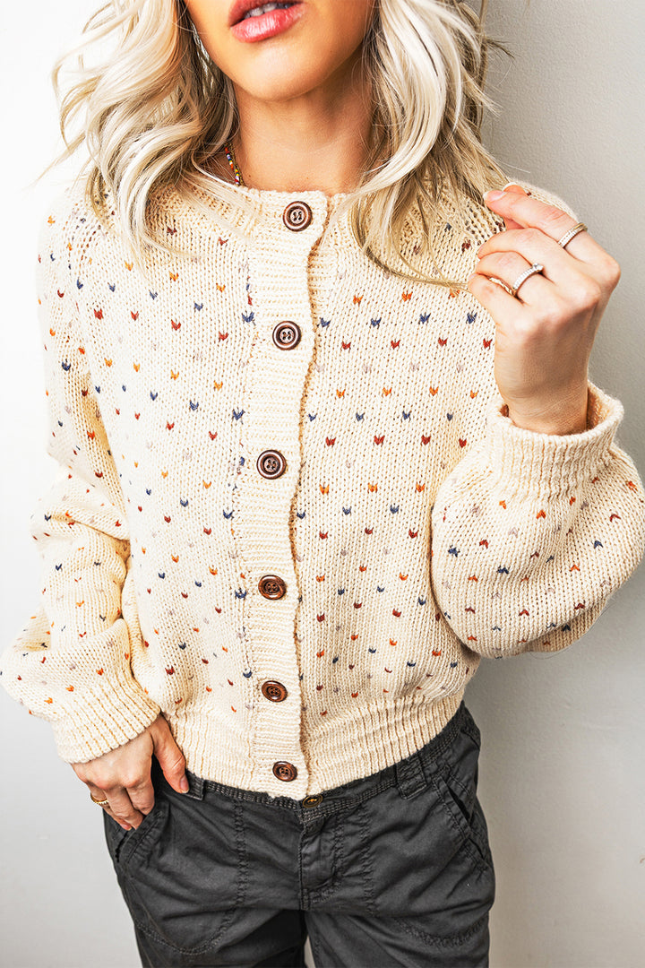 Beige Geometric Print Button Front Long Sleeve Regular Fit Cardigan