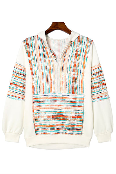 Multicolor Striped Patchwork V Neck Drop Shoulder Knit Hoodie