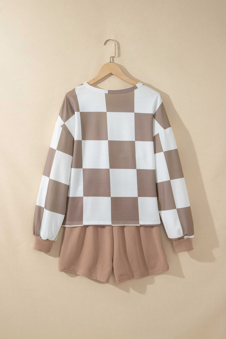 Khaki Checkerboard Plaid Long Sleeve Solid Color Shorts 2pcs Set