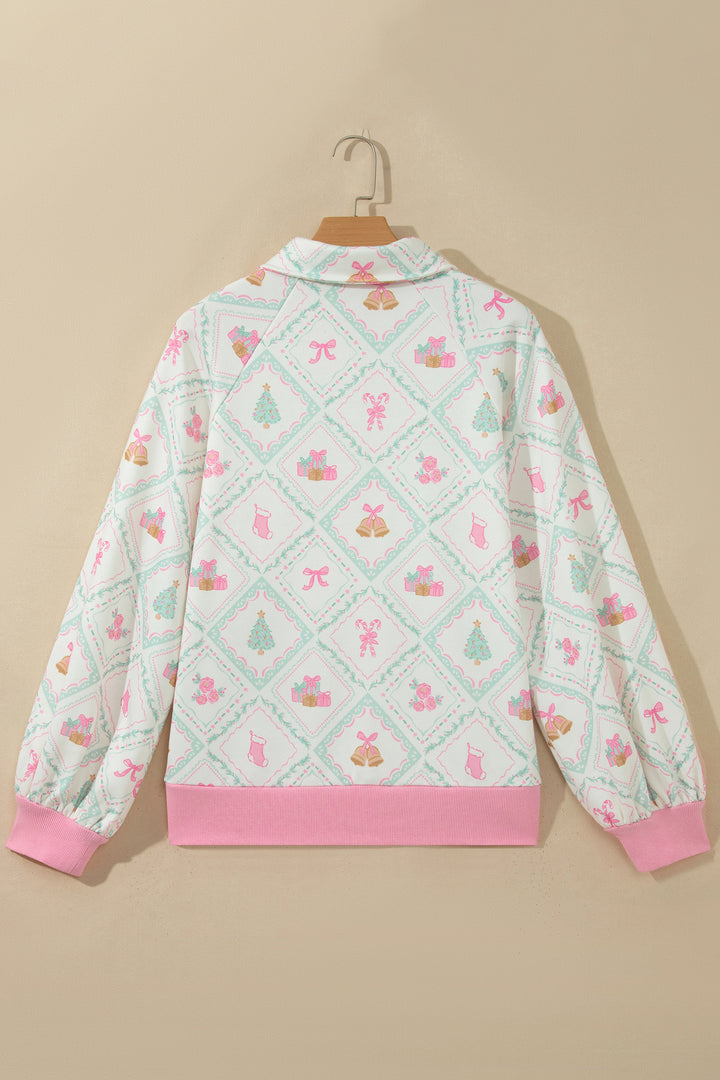 White Christmas Patchwork Collar Long Sleeve Pullover Sweatshirt