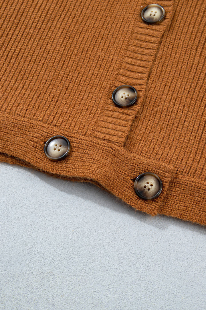 Mustard Ribbed Knit Collar Button Front Long Sleeve Cardigan