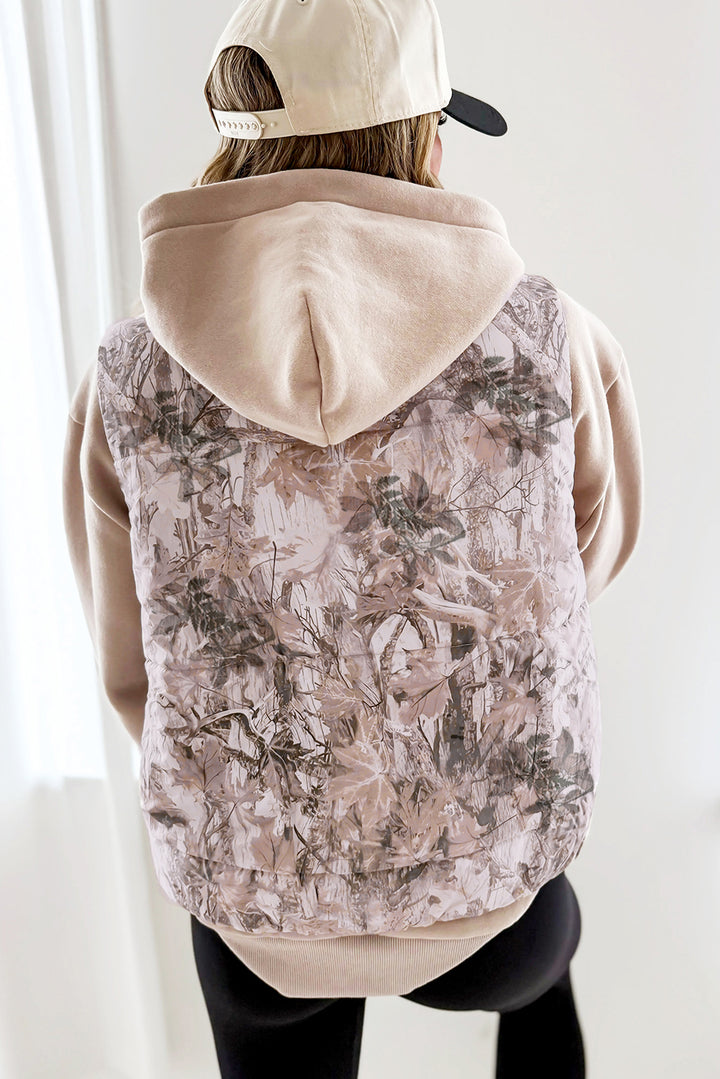 Brown Camo Leaf Print Winter Puffer Vest