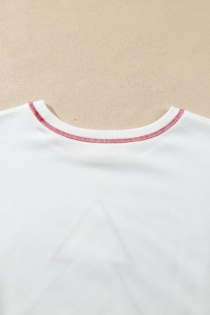 White Striped Contrast Christmas Tree Patchwork Puff Sleeve Top