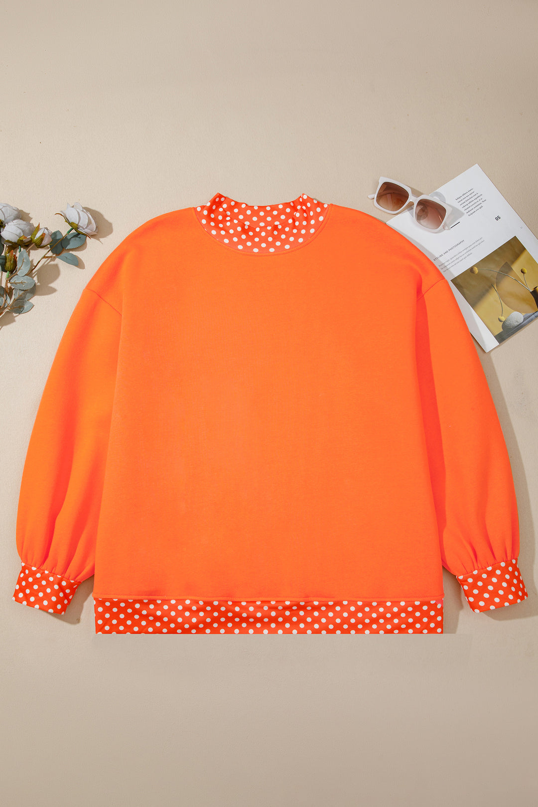 Orange Polka Dot Patchwork Round Neck Plus Size Sweatshirt