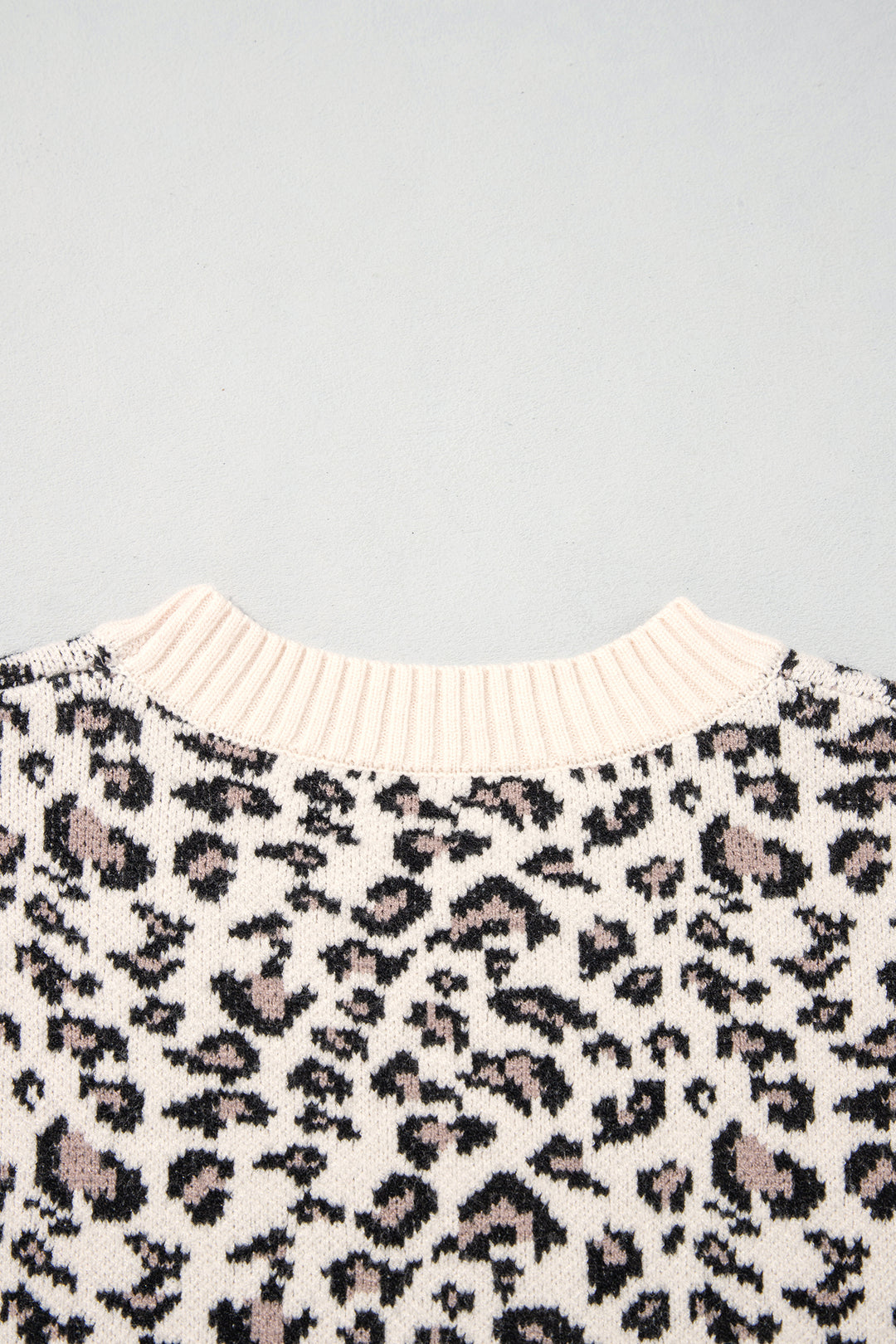 Beige Leopard Print Ribbed Color Block Trim Pullover Sweater