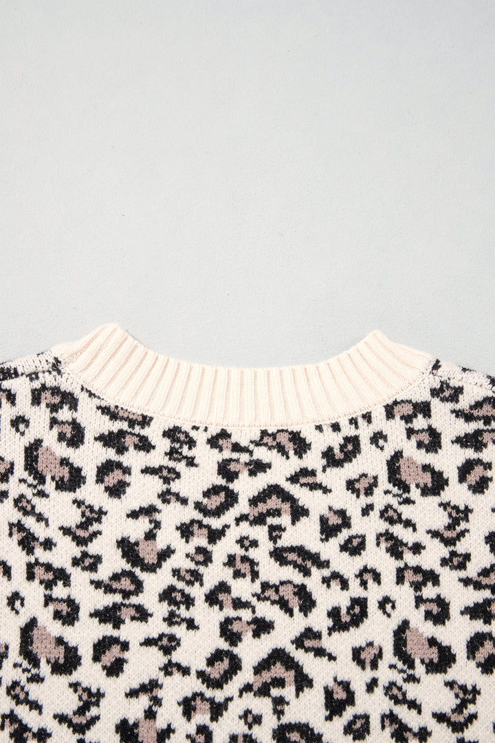 Beige Leopard Print Ribbed Color Block Trim Pullover Sweater