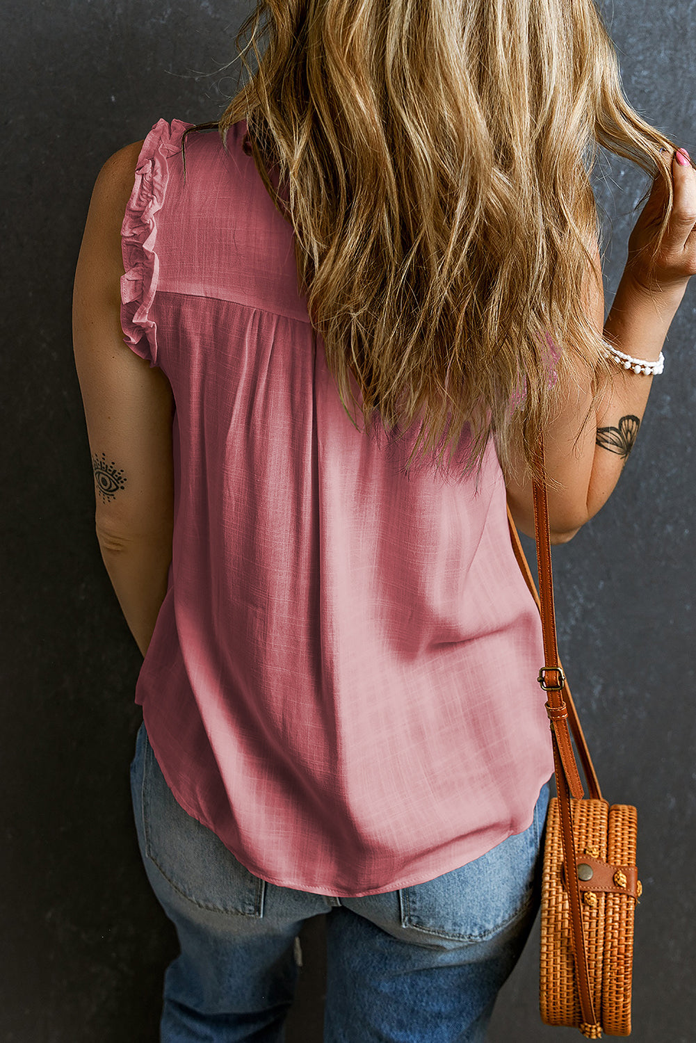 Pink Button Split Neck Ruffled Trim Tank Top