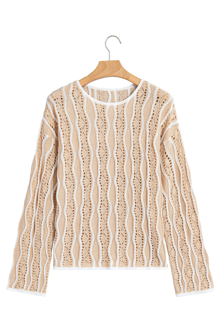 Khaki Wavy Detail Hollow Out Knit Long Sleeve Cotton Pullover Sweater