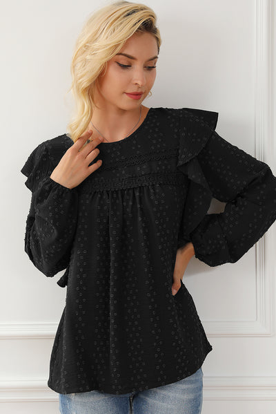 Black Lace Eyelet Ruffle Shoulder Long Sleeve Blouse