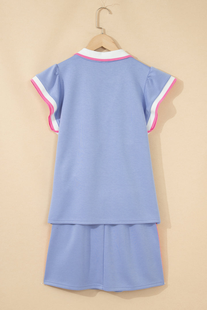 Black Preppy Striped Trim V Neck Polo Tee Drawstring Skirt Set