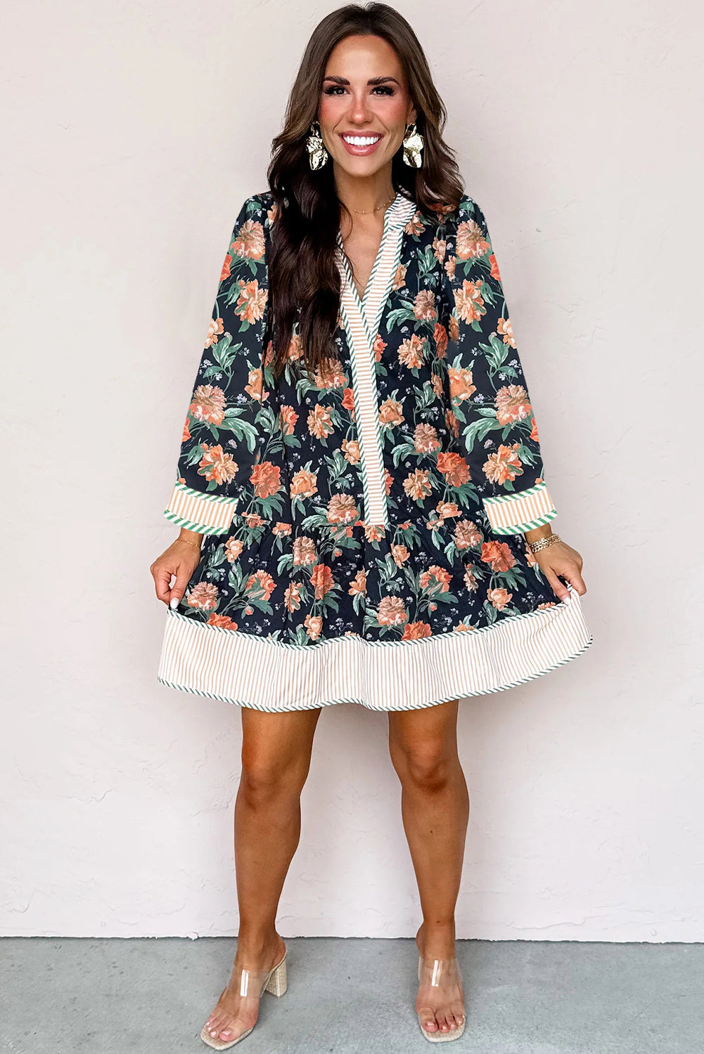 Blue Floral Print Striped Trim V Neck Long Sleeve Ruffle Hem Shift Mini Dress