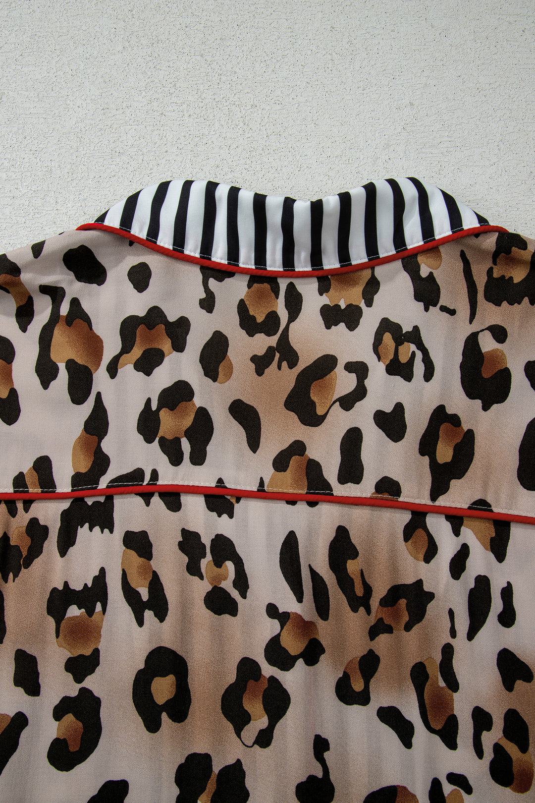 Khaki Plus Leopard Print Contrast Piping Striped Patchwork 2pcs Long Pajama Set