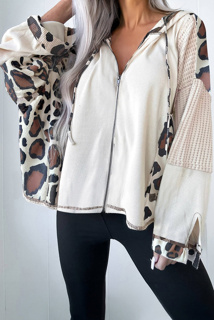 Apricot Oversized Leopard Contrast Mixed Texture Patchwork Zip Up Drop Shoulder Hoodie