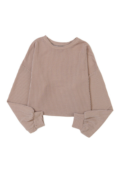 Khaki Cording Drop Shoulder Puff Sleeve Casual Long Sleeve Top