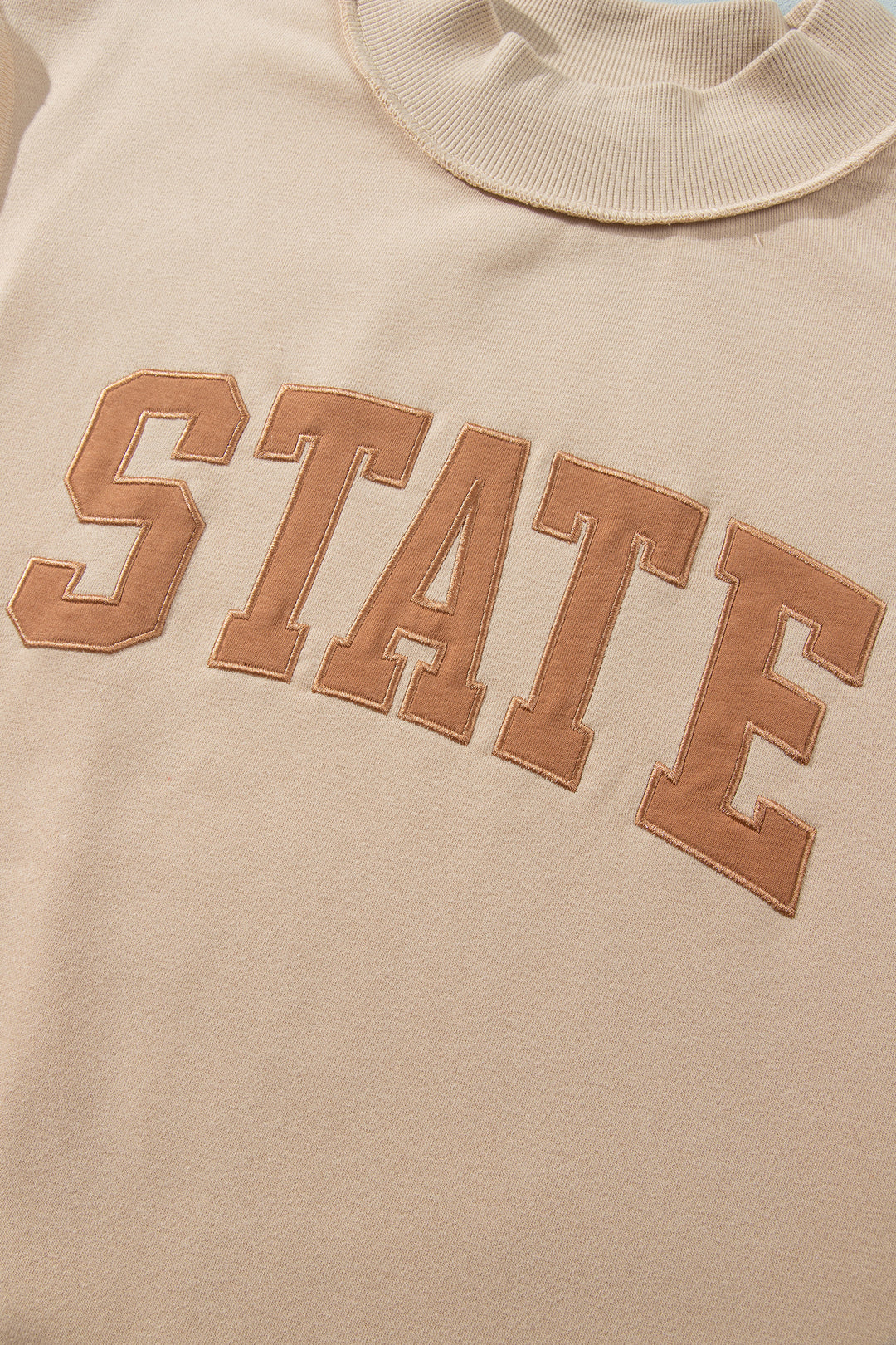 Coffee Exposed Seam Mock Neck STATE Letter Graphic Loose Sweatshirt