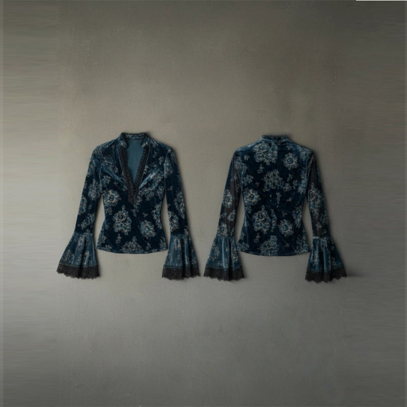 Women’s Retro Lace Panel V-Neck Blouse – Elegant Print Bell Sleeve Top for Spring &amp; Autumn Wear