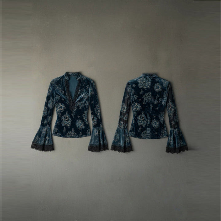 Women’s Retro Lace Panel V-Neck Blouse – Elegant Print Bell Sleeve Top for Spring &amp; Autumn Wear