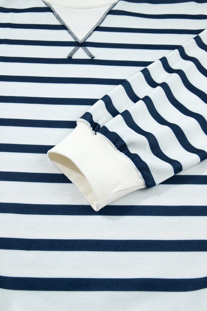 Blue Stripe Striped Ribbed Cuff Collar Pocket Loose Pant Set