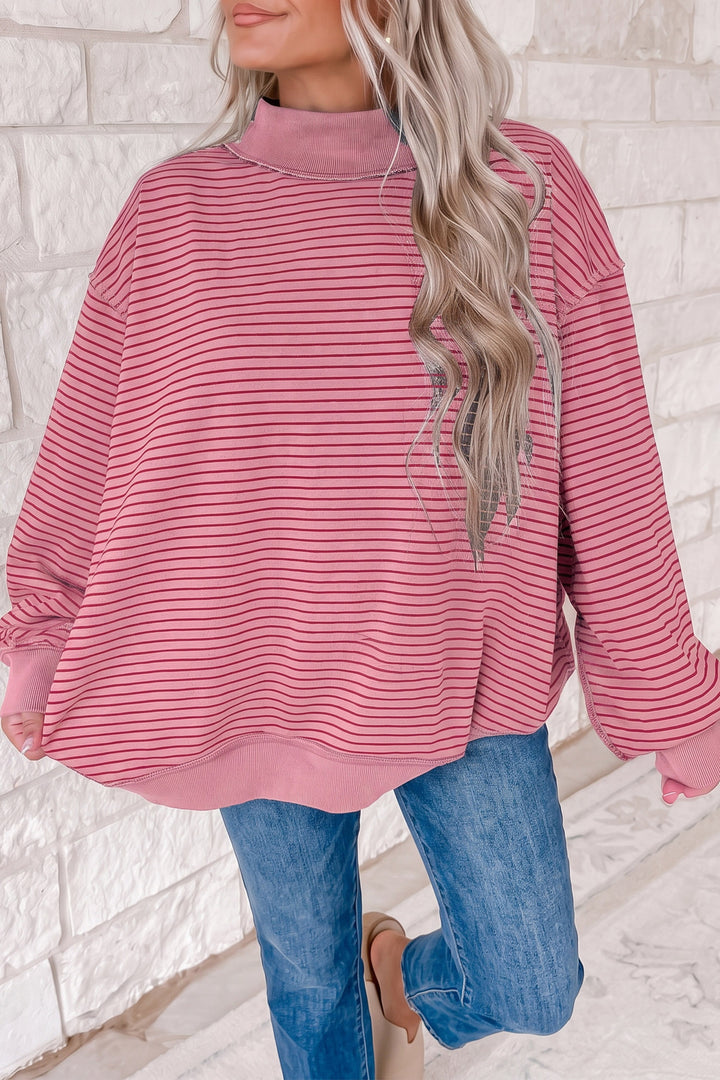 Green Stripe Ribbed Color Block Mock Neck Oversized Sweatshirt