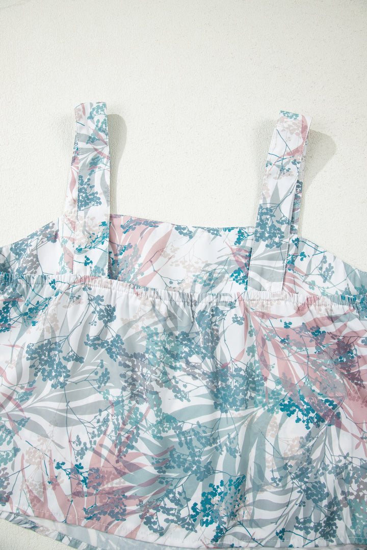 Green Tropical Palm Printed Cropped Tank Drawstring Wide Leg Pant Set