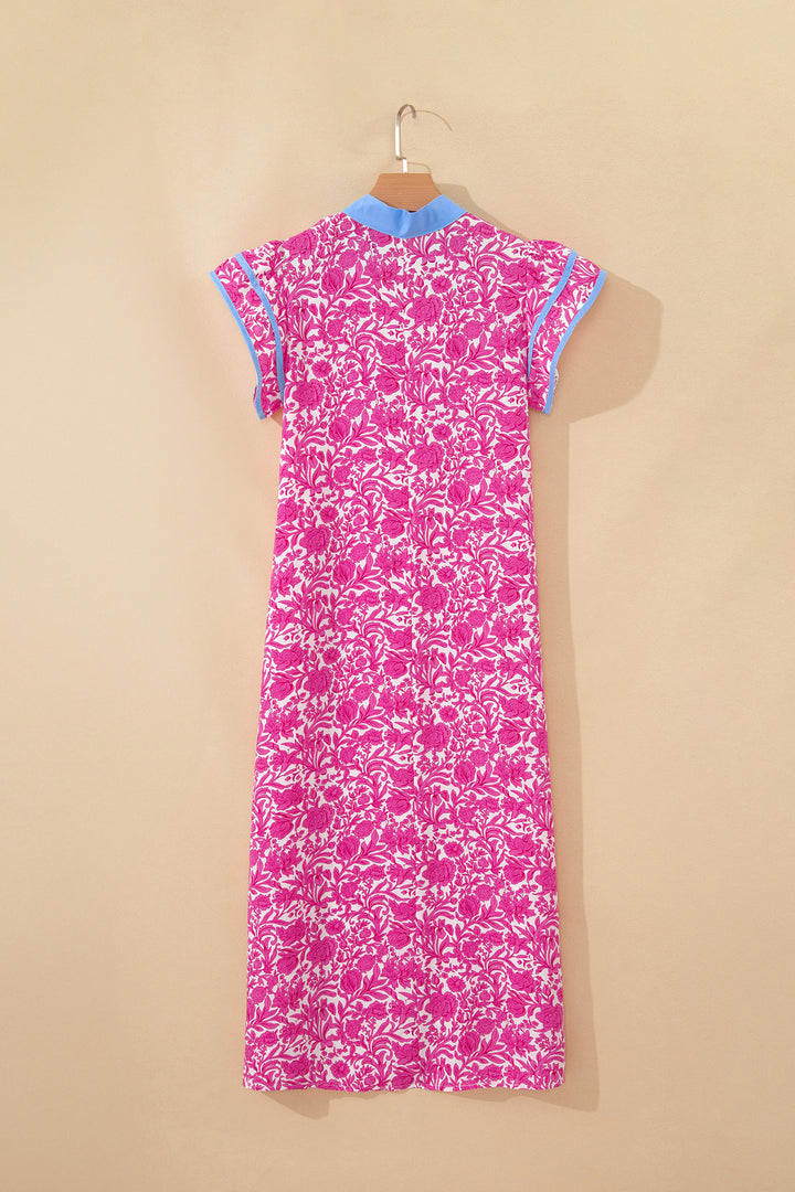 Pink Floral Print Color Block Patchwork V Neck Short Sleeve Midi Dress
