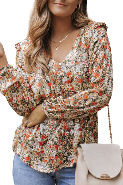 Khaki V Neck Ruffled Babydoll Floral Blouse